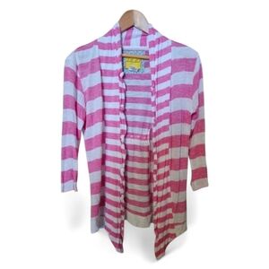 BELLA BIRD / ANTHROPOLOGIE Sea Striped Pink White Open Front Cardigan - Small
